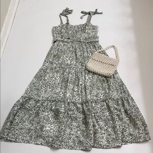 Trixxi Cottagecore Midi Green Floral Faux Tie Strap Tiered Dress Size M